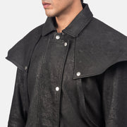 
Close-Up Detail of Shirt & Heavy-Duty Zipper Hardware on Men's Maverick Black Leather Duster