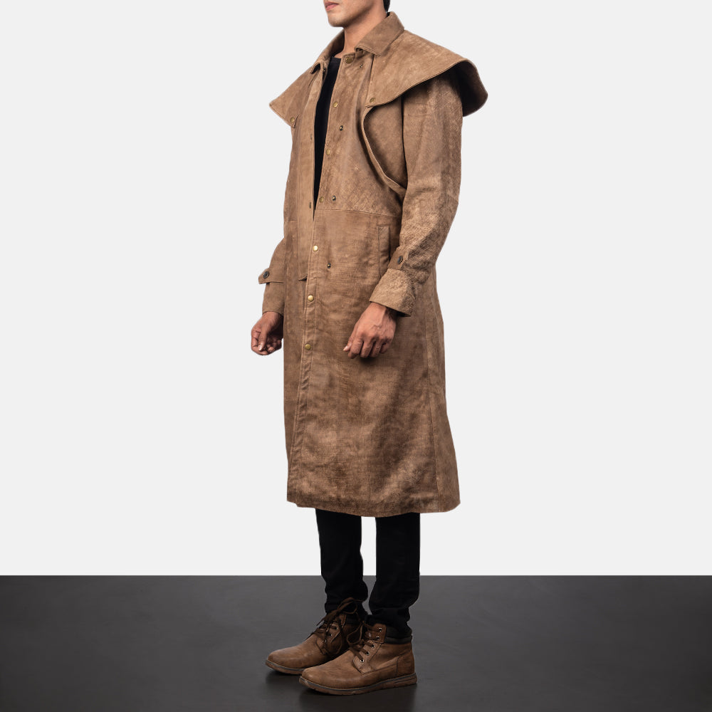 Distressed Brown Sheepskin Snuffed Suede Jacket - Back View Showing Tailored Shoulder Fit &amp; Clean Hemline
