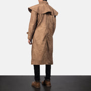 Men's Maverick Brown Leather Duster - Lateral Side Profile View Showing Sleeve Cut &amp; Athletic Taper Fit