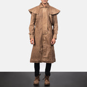 Close-Up Detail of Shirt &amp; Heavy-Duty Zipper Hardware on Men's Maverick Brown Leather Duster