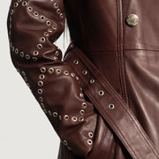 Close-Up Detail of Notch &amp; Button &amp; Waist belt Hardware on Women's Missoni Maroon Leather Trench Coat