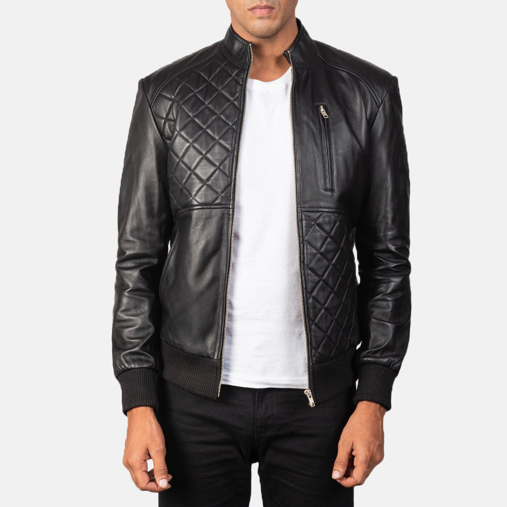 Moda Black Leather Bomber Jacket in Black Sheepskin Leather - Front Profile View &amp; Tailored Silhouette | Buy Online