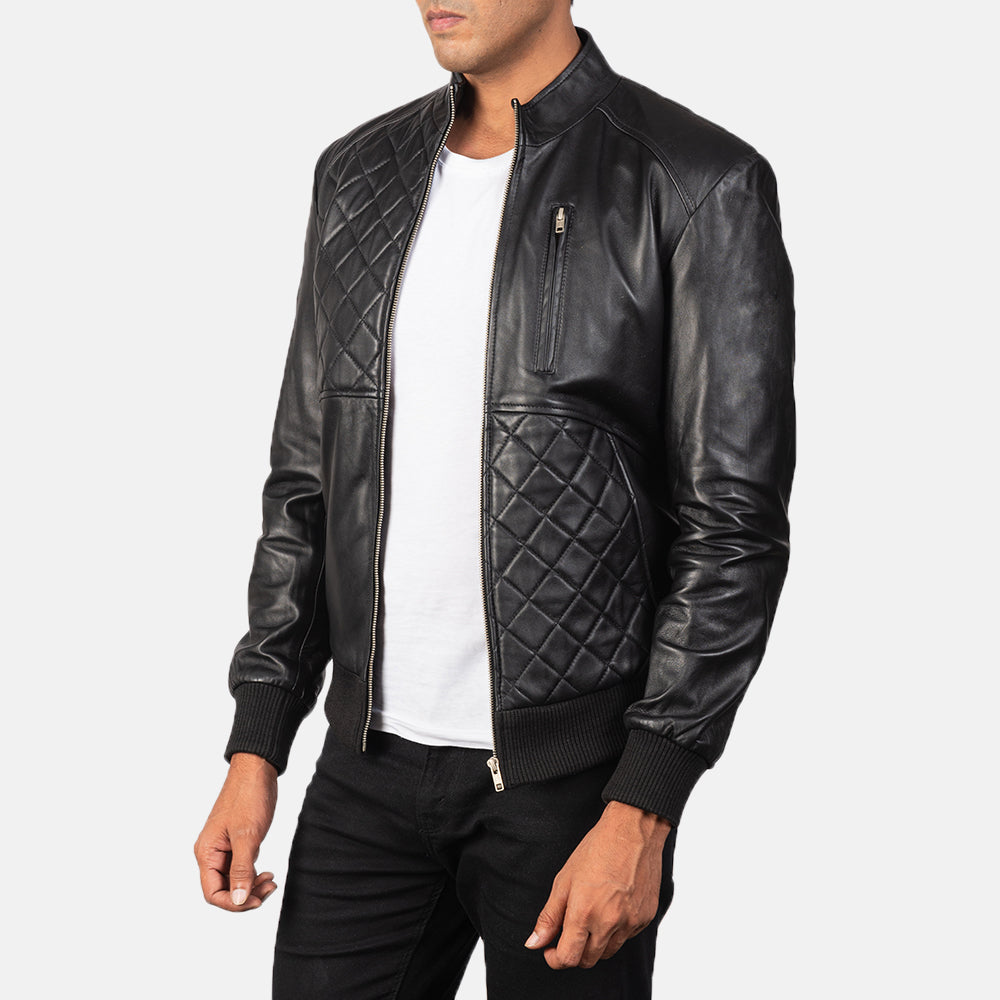 Black Sheepskin Leather Bomber Jacket - Back View Showing Tailored Shoulder Fit &amp; Clean Hemline