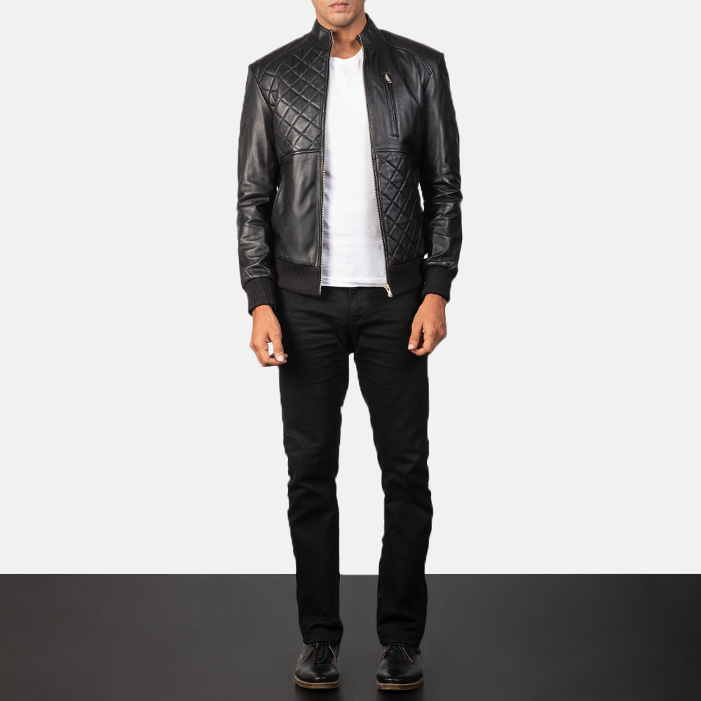 Moda Black Leather Bomber Jacket - Lateral Side Profile View Showing Sleeve Cut &amp; Athletic Taper Fit