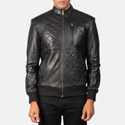 Close-Up Detail of Band &amp; Zipper Hardware on Moda Black Leather Bomber Jacket