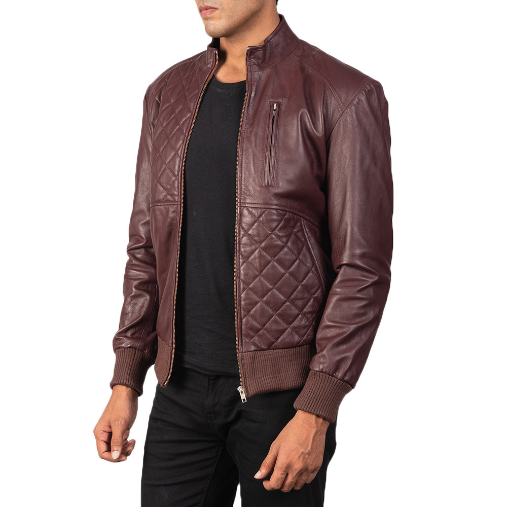 Styled Fit Perspective of Moda Black Leather Bomber Jacket on Model - Natural Daylight Drape
