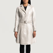
Women's Moonlight Silver Leather Trench Coat in Silver Sheepskin Leather - Front Profile View & Tailored Silhouette | Buy Online
