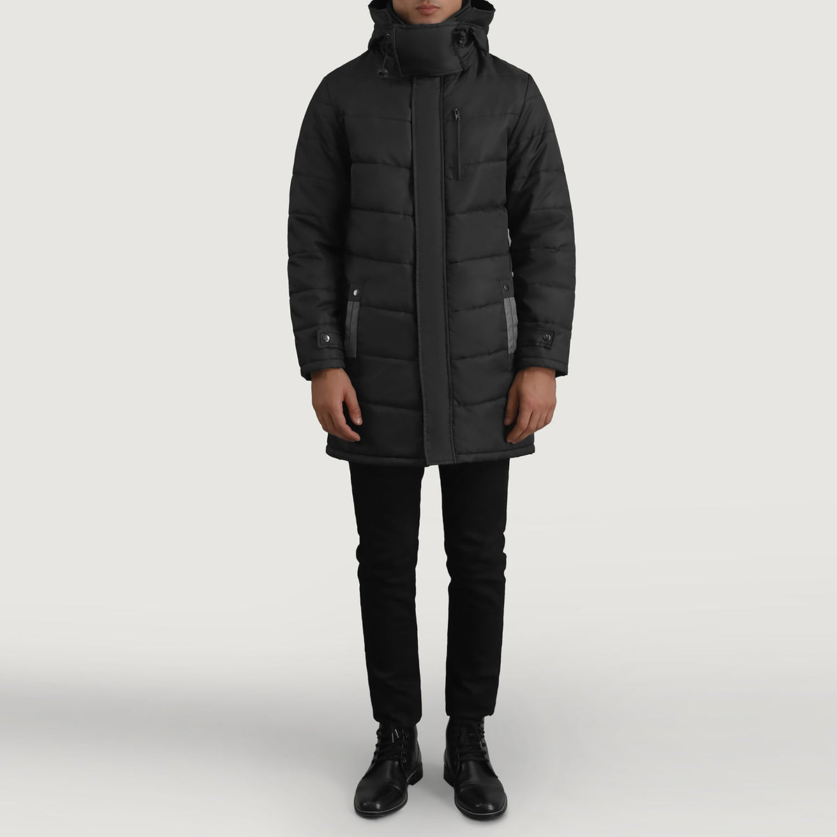 
Moore Black Hooded Parka - Lateral Side Profile View Showing Sleeve Cut & Athletic Taper Fit