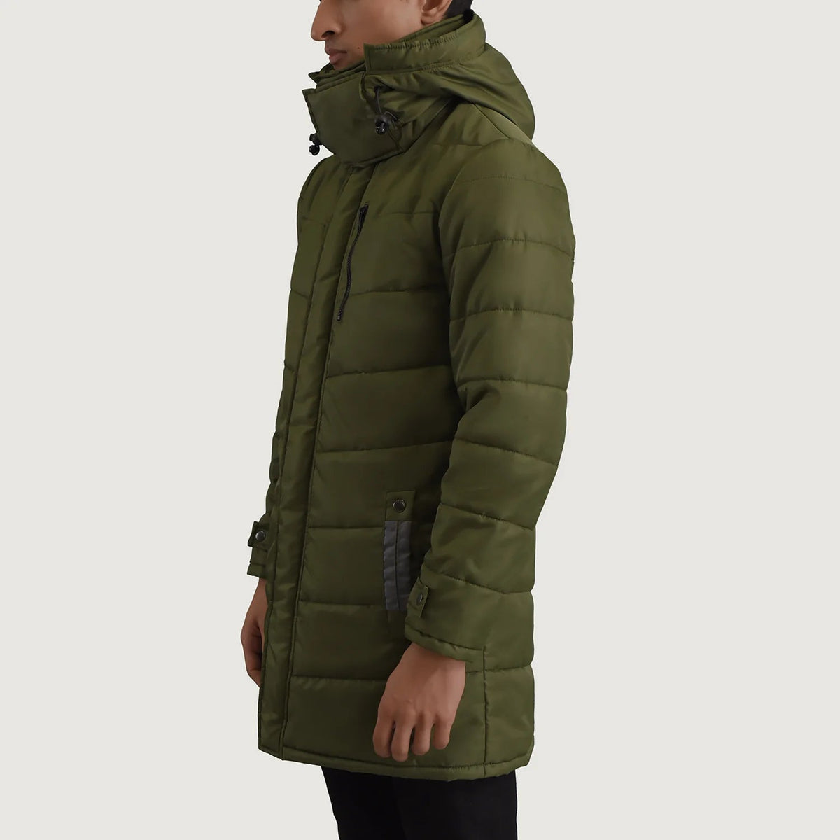 
Green Full-Grain Leather Hooded Jacket - Back View Showing Tailored Shoulder Fit & Clean Hemline