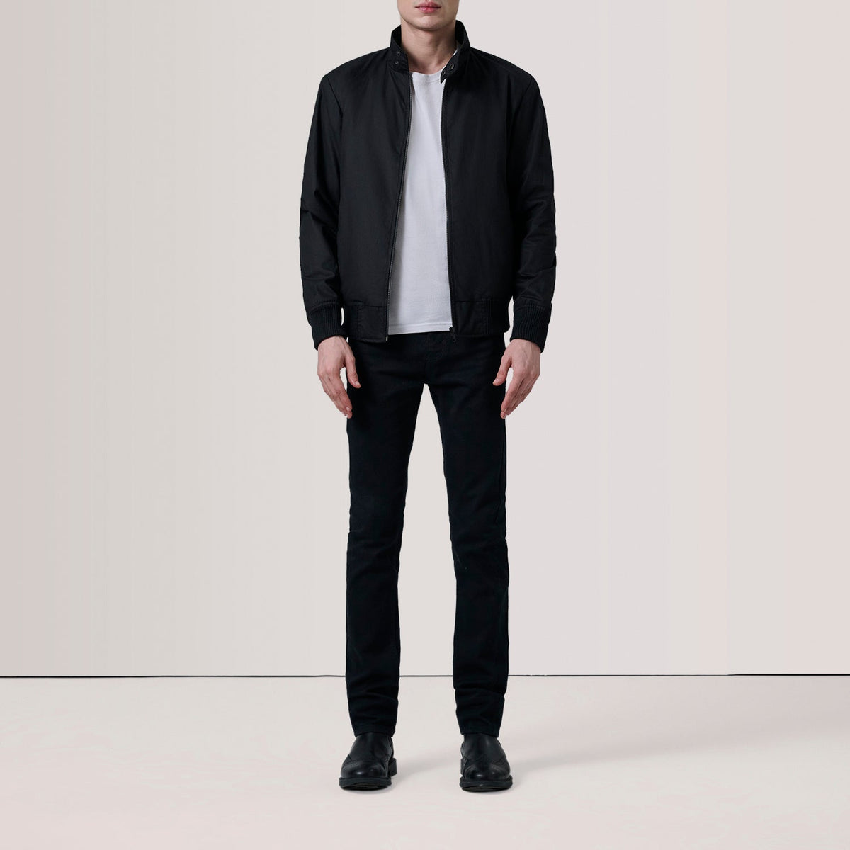 Black Waxed Cotton Canvas Bomber Jacket - Back View Showing Tailored Shoulder Fit &amp; Clean Hemline