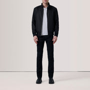 Black Waxed Cotton Canvas Bomber Jacket - Back View Showing Tailored Shoulder Fit &amp; Clean Hemline
