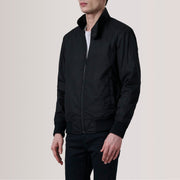 Morrison Black Canvas Bomber Jacket For Men - Lateral Side Profile View Showing Sleeve Cut &amp; Athletic Taper Fit