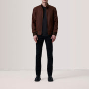 Brown Waxed Cotton Canvas Bomber Jacket - Back View Showing Tailored Shoulder Fit &amp; Clean Hemline