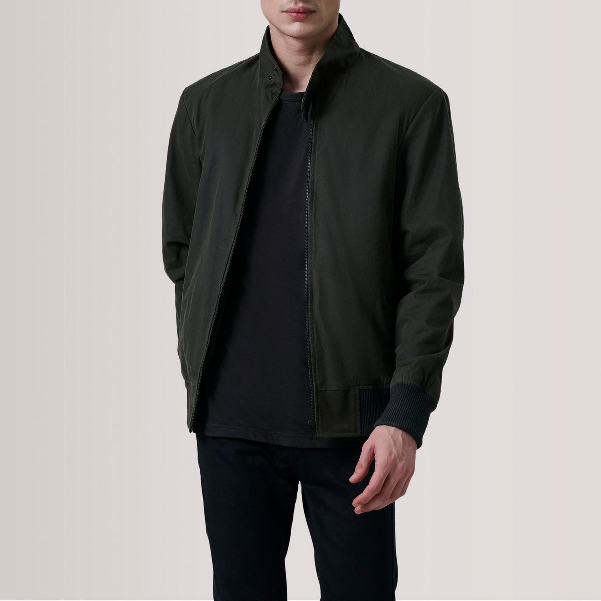Morrison Olive Canvas Bomber Jacket For Men in Olive Waxed Cotton Canvas - Front Profile View &amp; Tailored Silhouette | Buy Online