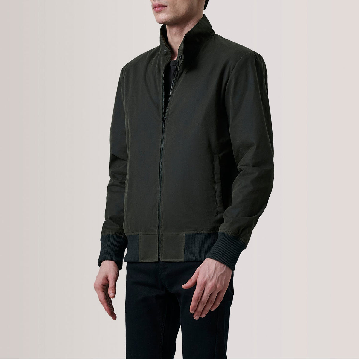 Morrison Olive Canvas Bomber Jacket For Men - Lateral Side Profile View Showing Sleeve Cut &amp; Athletic Taper Fit