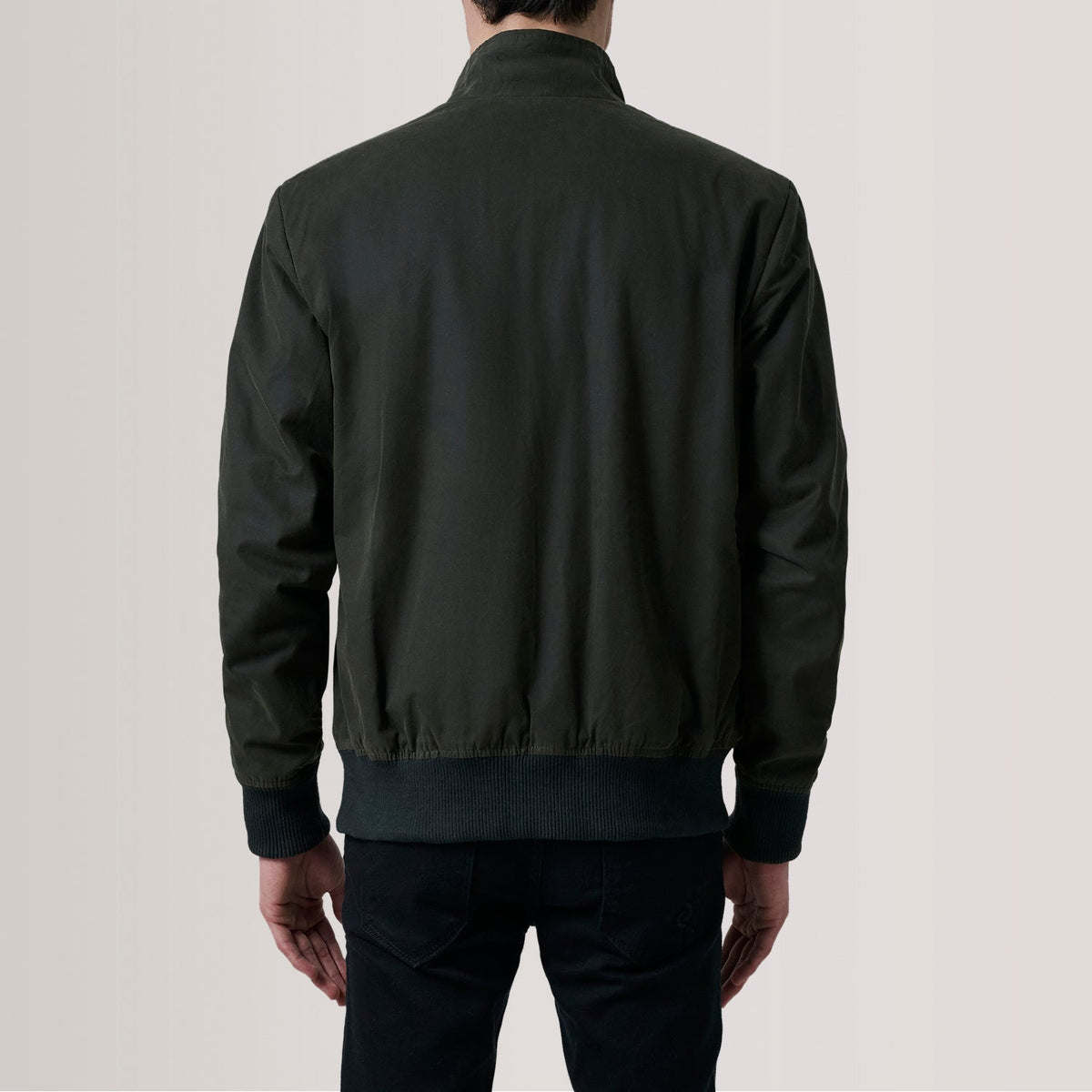 Close-Up Detail of Snap Button & Zipper Hardware on Morrison Olive Canvas Bomber Jacket For Men