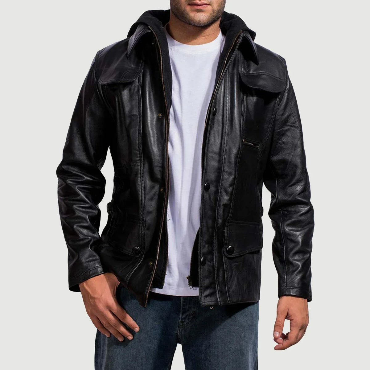Men's Moulder Hooded Black Leather Jacket in Black Cowhide Leather - Front Profile View &amp; Tailored Silhouette | Buy Online