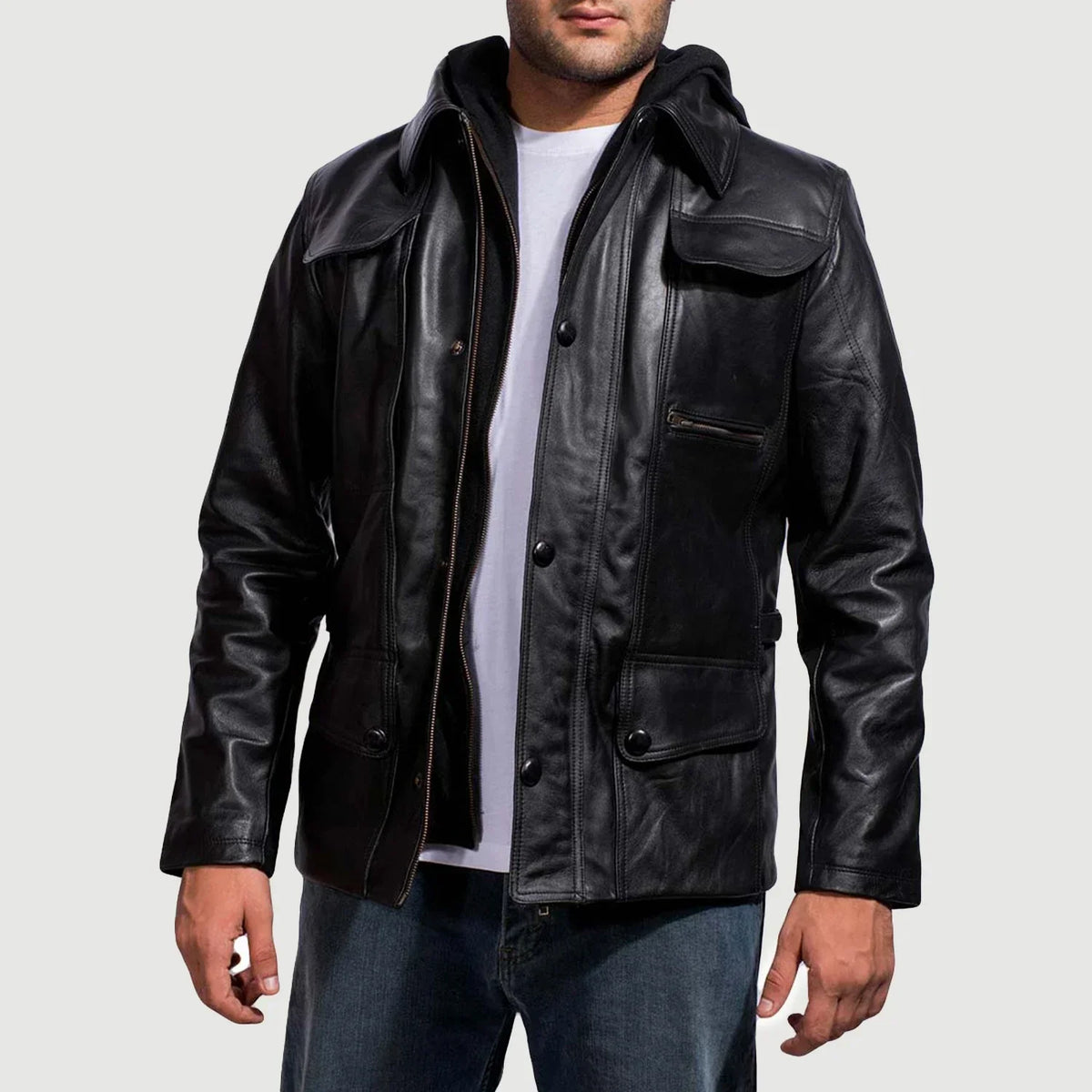 Black Cowhide Leather Hooded Jacket - Back View Showing Tailored Shoulder Fit &amp; Clean Hemline