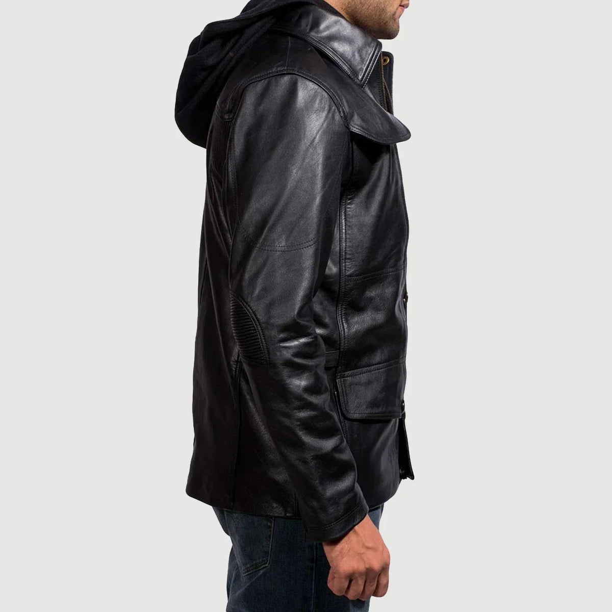 Close-Up Detail of Shirt &amp; Zipper with Button Flap Hardware on Men's Moulder Hooded Black Leather Jacket