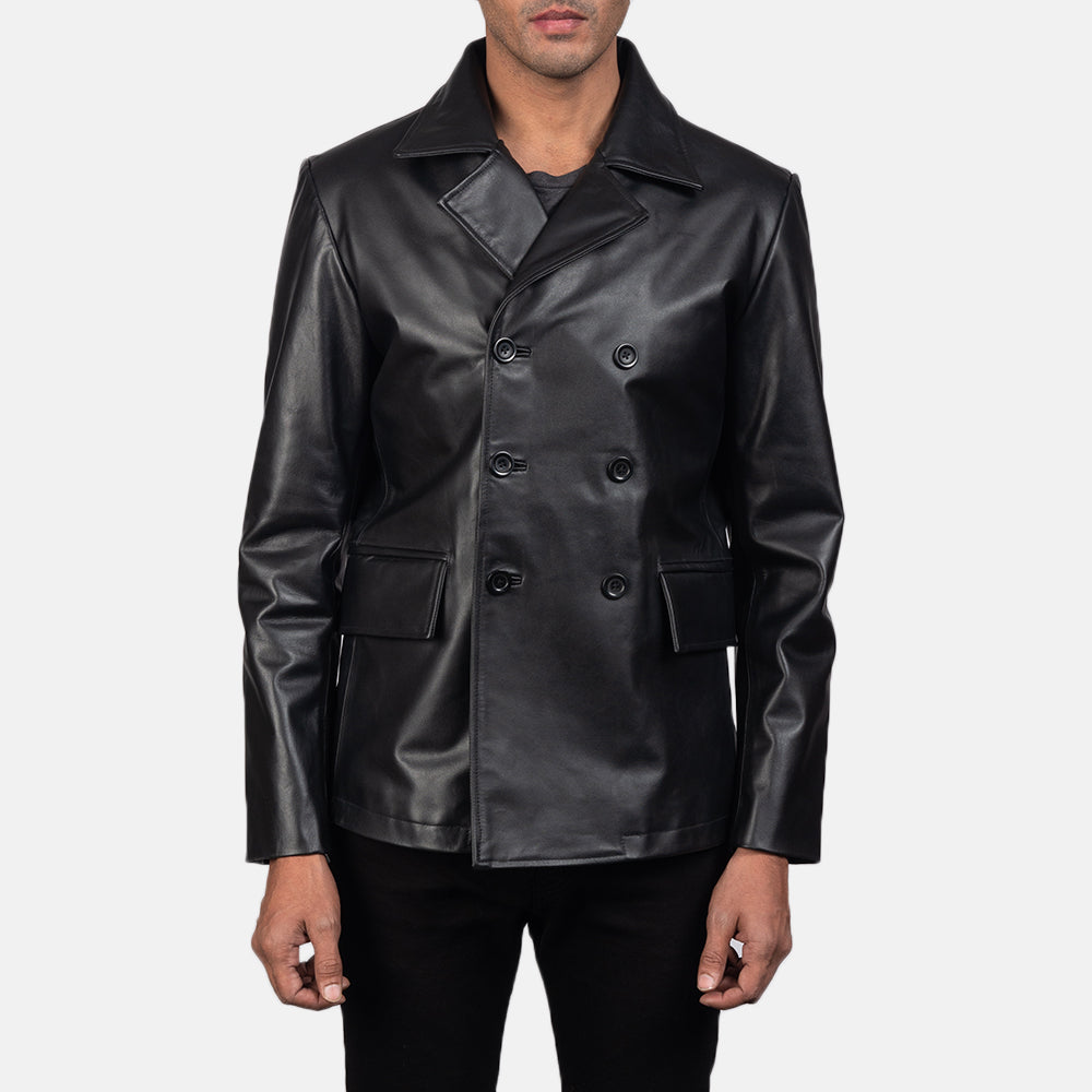 Men's Mr. Bailey Black Leather Naval Peacoat in Black Cowhide Leather - Front Profile View &amp; Tailored Silhouette | Buy Online