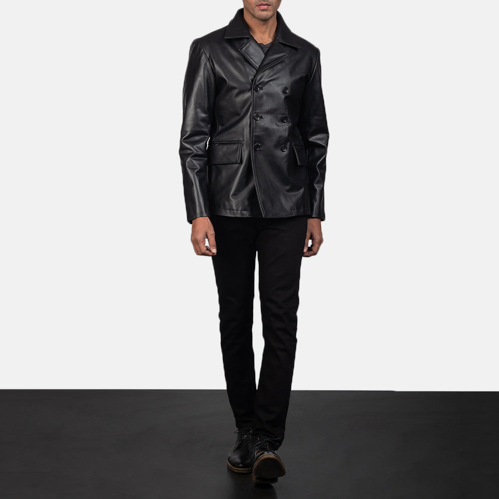 Men's Mr. Bailey Black Leather Naval Peacoat - Lateral Side Profile View Showing Sleeve Cut &amp; Athletic Taper Fit
