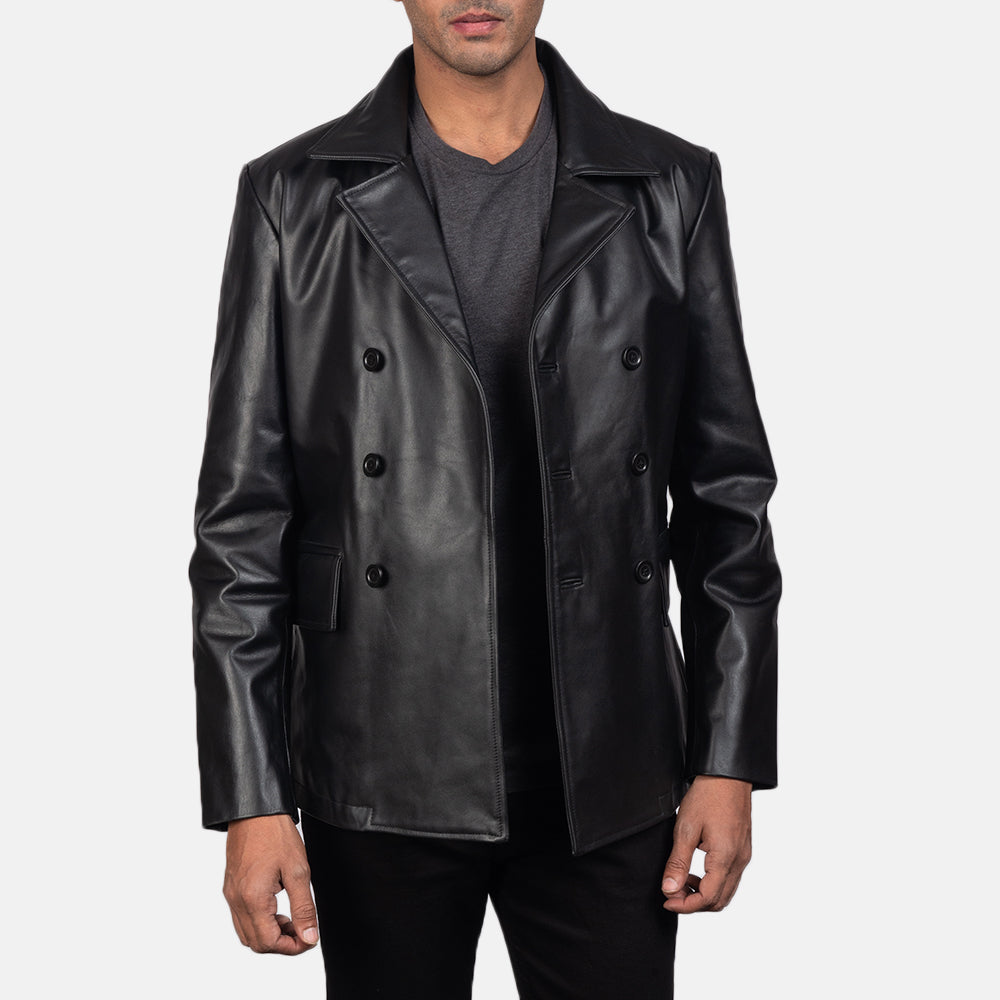 Close-Up Detail of Notch &amp; Buttons Hardware on Men's Mr. Bailey Black Leather Naval Peacoat