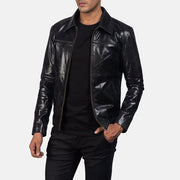Black Cowhide Leather Biker Jacket - Back View Showing Tailored Shoulder Fit &amp; Clean Hemline