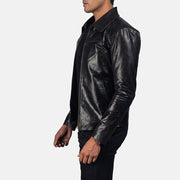 Men's Mystical Black Leather Jacket - Lateral Side Profile View Showing Sleeve Cut &amp; Athletic Taper Fit