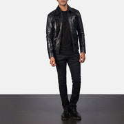 Close-Up Detail of Shirt &amp; Zipper Hardware on Men's Mystical Black Leather Jacket