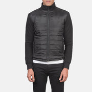Close-Up Detail of High Neck &amp; Zipper with wind flap Hardware on Men's Nashville Quilted Black Windbreaker Jacket