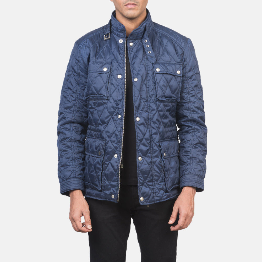 Men's Nelson Quilted Blue Windbreaker Jacket in Blue Nylon - Front Profile View &amp; Tailored Silhouette | Buy Online