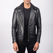 Men's Noah Black Leather Biker Jacket in Black Sheepskin Leather - Front Profile View &amp; Tailored Silhouette | Buy Online
