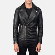 Men's Noah Black Leather Biker Jacket - Lateral Side Profile View Showing Sleeve Cut &amp; Athletic Taper Fit