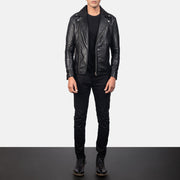 Close-Up Detail of Notch &amp; Zipper Hardware on Men's Noah Black Leather Biker Jacket