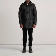 Nolan Black Snuffed Leather Duffle Coat - Lateral Side Profile View Showing Sleeve Cut &amp; Athletic Taper Fit