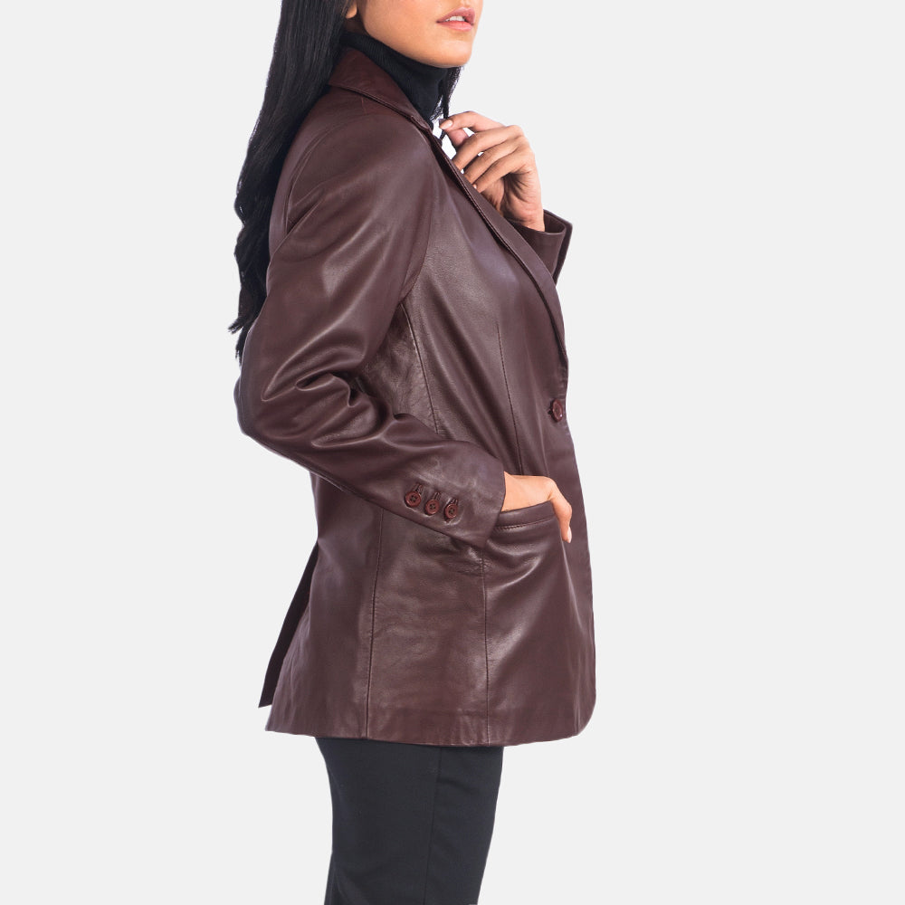 Styled Fit Perspective of Women's Norma Brown Suede Blazer on Model - Natural Daylight Drape
