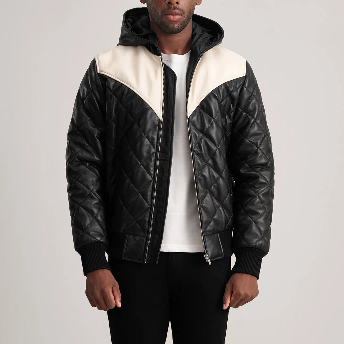 Norman Tan Hooded Bomber Leather Puffer Jacket in Tan Brown Sheepskin Leather - Front Profile View &amp; Tailored Silhouette | Buy Online
