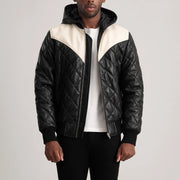 Norman Tan Hooded Bomber Leather Puffer Jacket in Tan Brown Sheepskin Leather - Front Profile View &amp; Tailored Silhouette | Buy Online