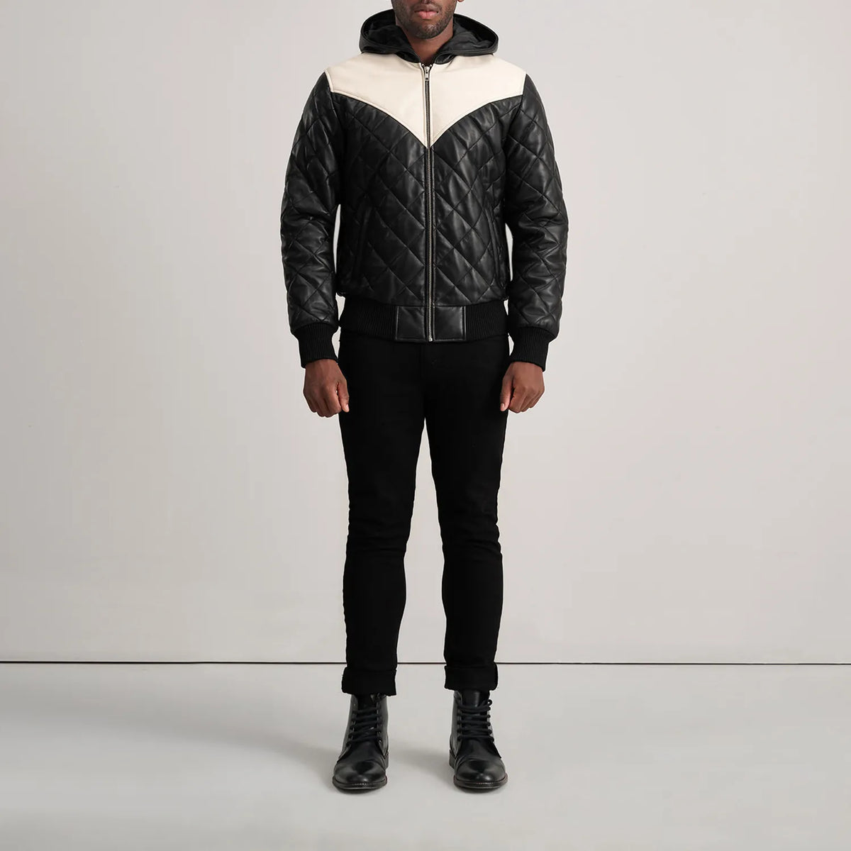 Norman Tan Hooded Bomber Leather Puffer Jacket - Lateral Side Profile View Showing Sleeve Cut &amp; Athletic Taper Fit