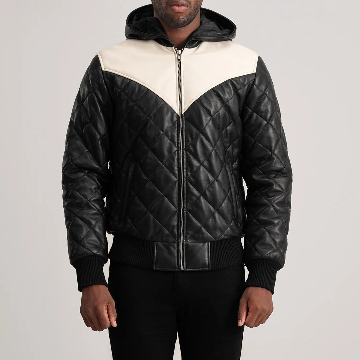 Close-Up Detail of Hooded &amp; Zipper Hardware on Norman Tan Hooded Bomber Leather Puffer Jacket