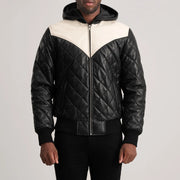 Close-Up Detail of Hooded &amp; Zipper Hardware on Norman Tan Hooded Bomber Leather Puffer Jacket