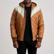 Tailored Rib Cuffs &amp; Hem Craftsmanship Construction Detail on Norman Tan Hooded Bomber Leather Puffer Jacket