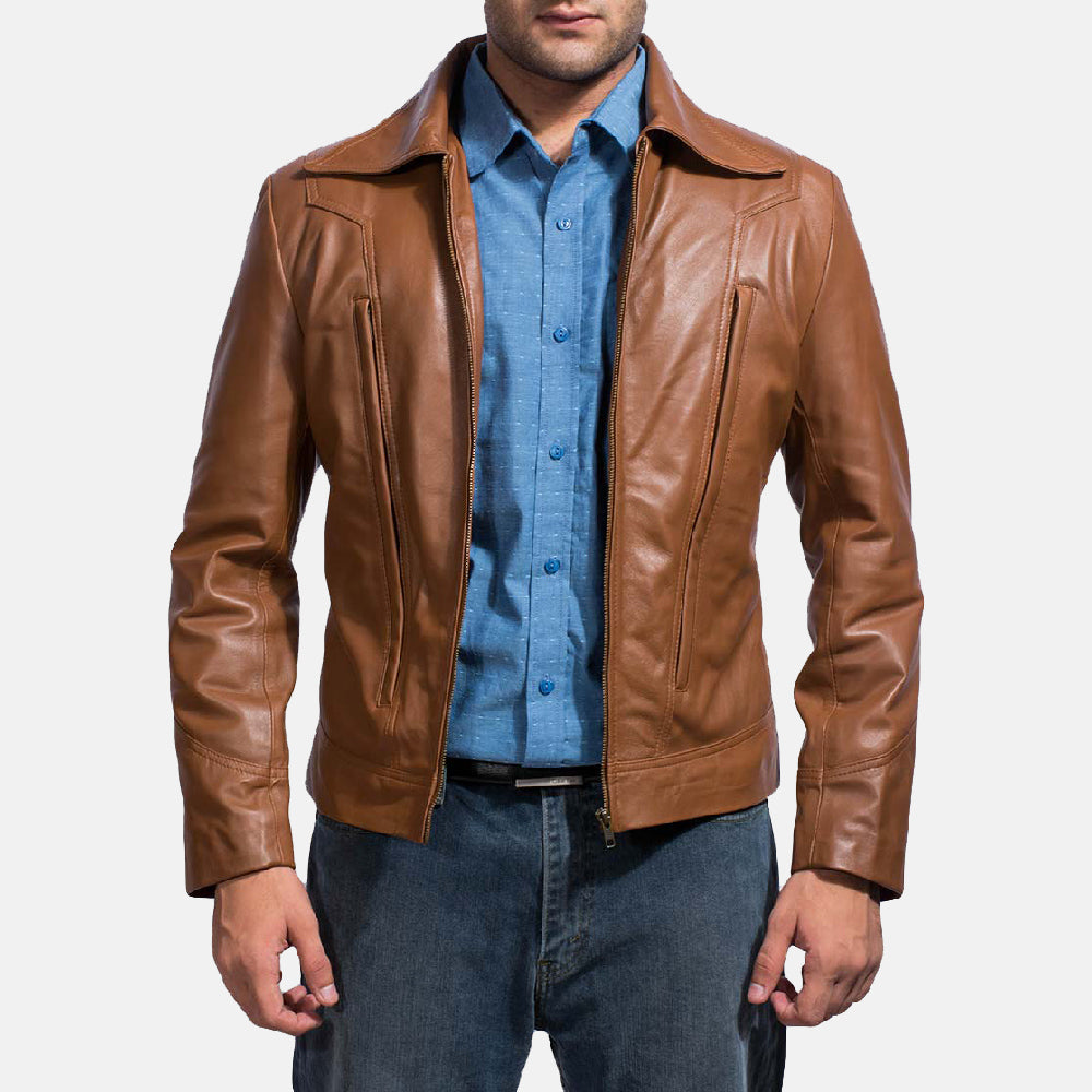 Old School Brown Leather Jacket in Brown Sheepskin Leather - Front Profile View &amp; Tailored Silhouette | Buy Online