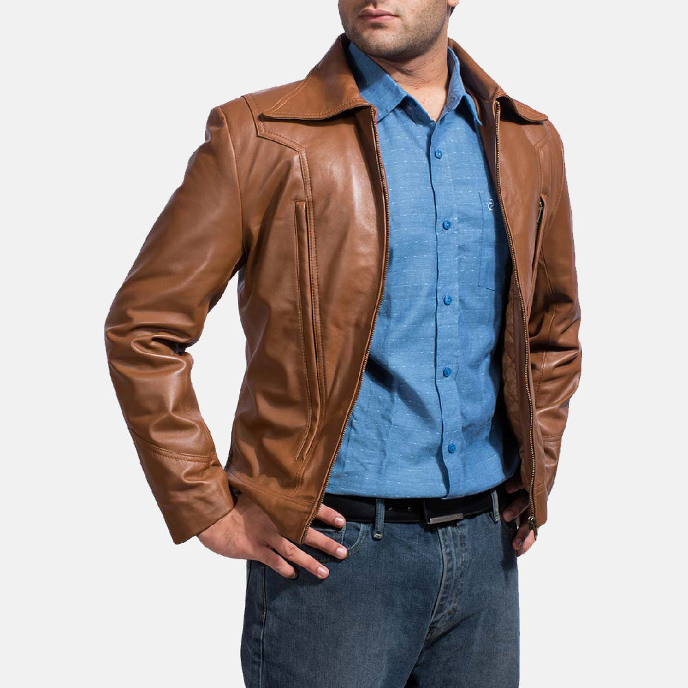 Old School Brown Leather Jacket - Lateral Side Profile View Showing Sleeve Cut &amp; Athletic Taper Fit