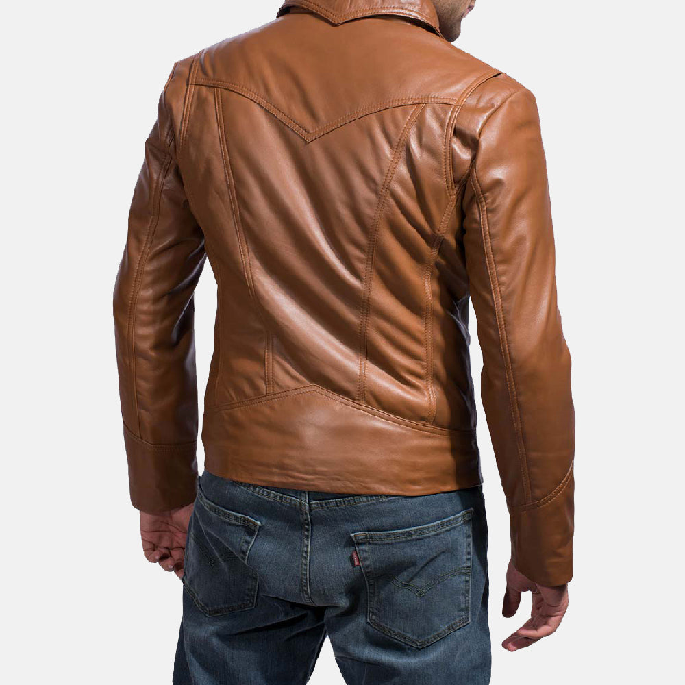 Close-Up Detail of Shirt &amp; Zipper Hardware on Old School Brown Leather Jacket