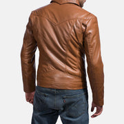 Close-Up Detail of Shirt &amp; Zipper Hardware on Old School Brown Leather Jacket