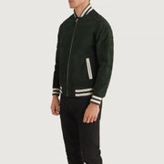 Green Goatskin Suede Varsity Jacket - Back View Showing Tailored Shoulder Fit &amp; Clean Hemline