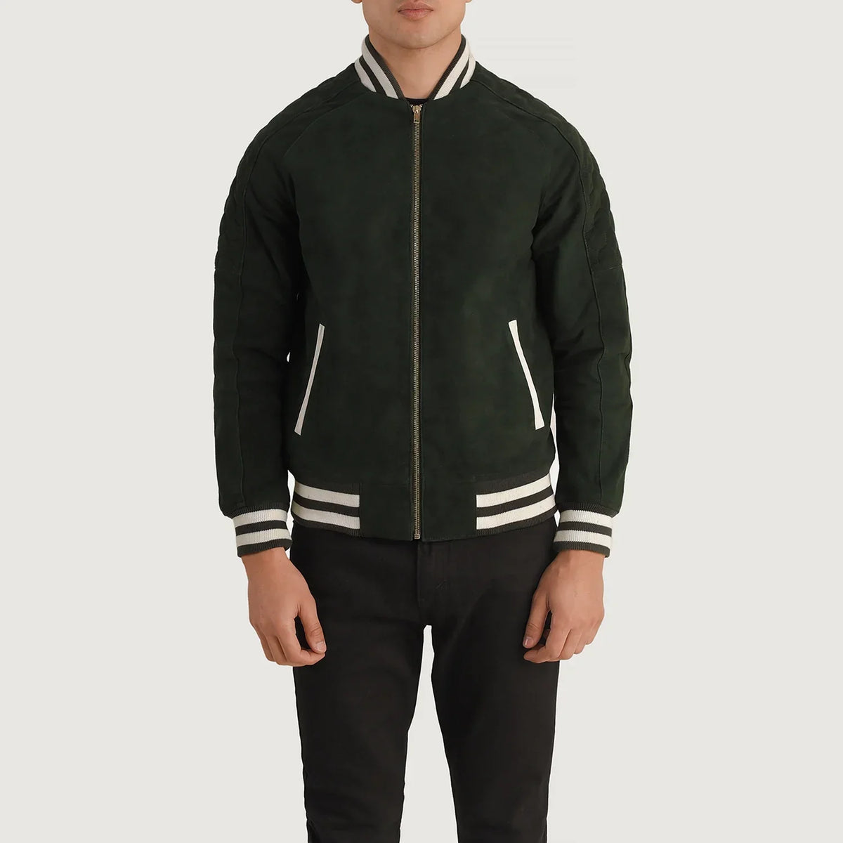 Close-Up Detail of Varsity collar &amp; Zipper Hardware on Pascal Green Suede Varsity Jacket
