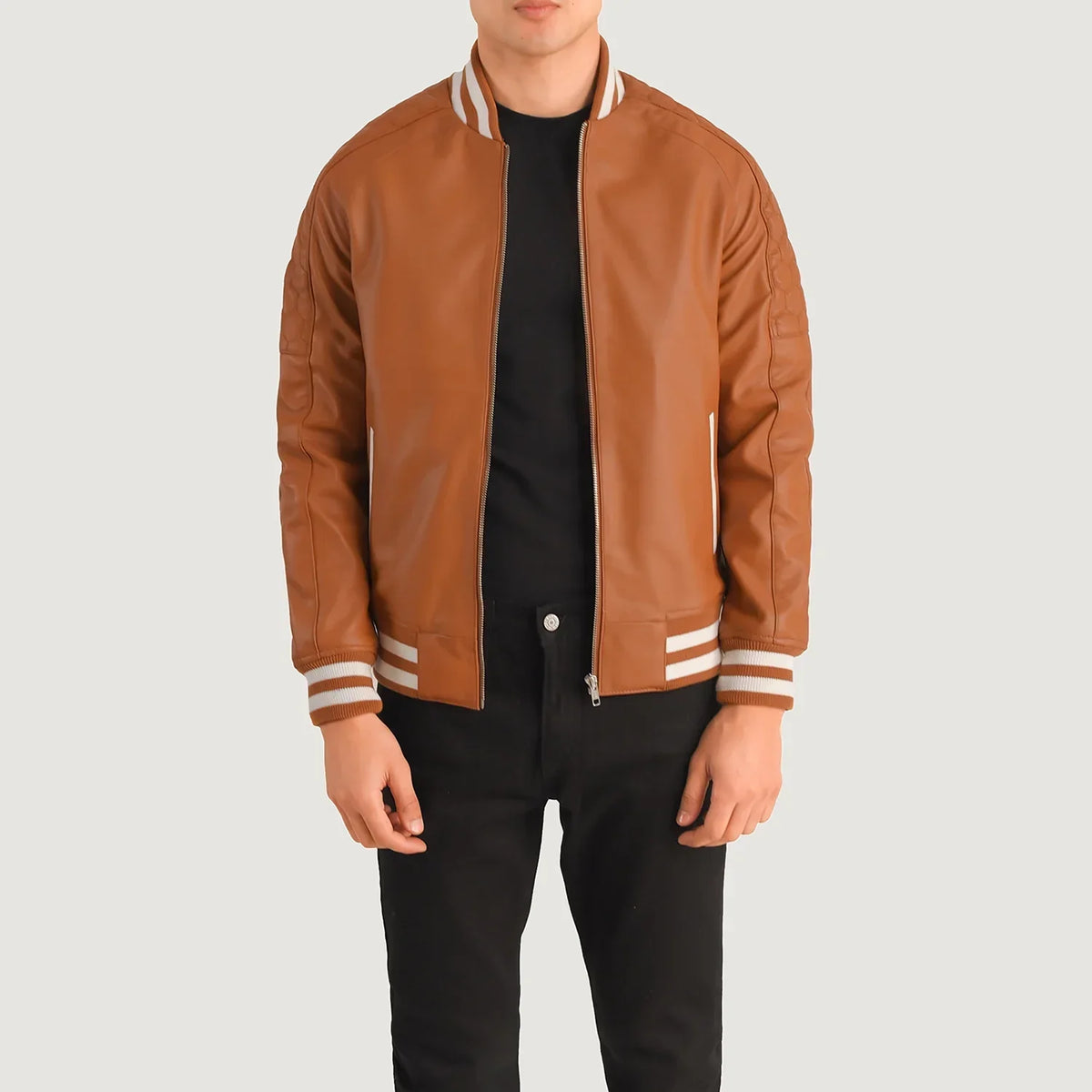 Pascal Tan Brown Leather Varsity Jacket in Tan Brown Sheepskin Leather - Front Profile View &amp; Tailored Silhouette | Buy Online