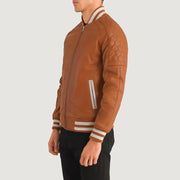 Tan Brown Sheepskin Leather Varsity Jacket - Back View Showing Tailored Shoulder Fit &amp; Clean Hemline